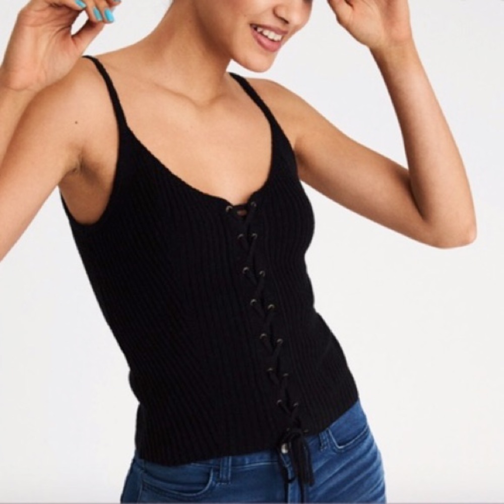 Black Knit Lace Up American Eagle Tank Top